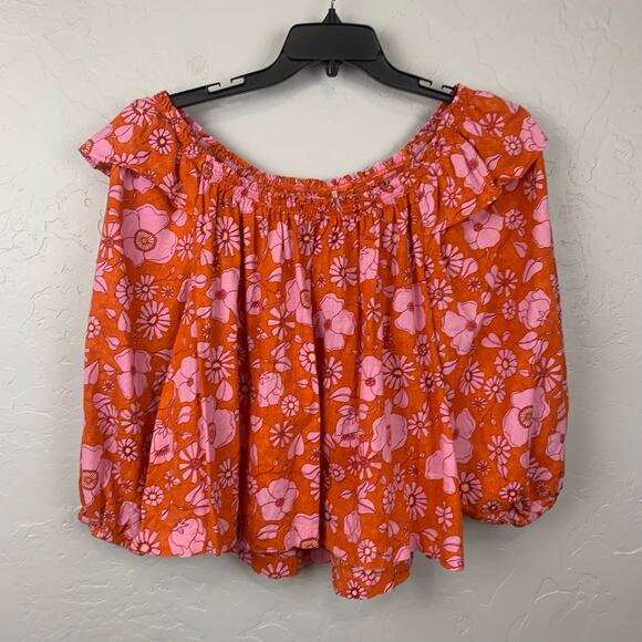 Free People Crop Top Womens Medium Orange Pink Floral Miss Daisy Smocked - Picture 3 of 11